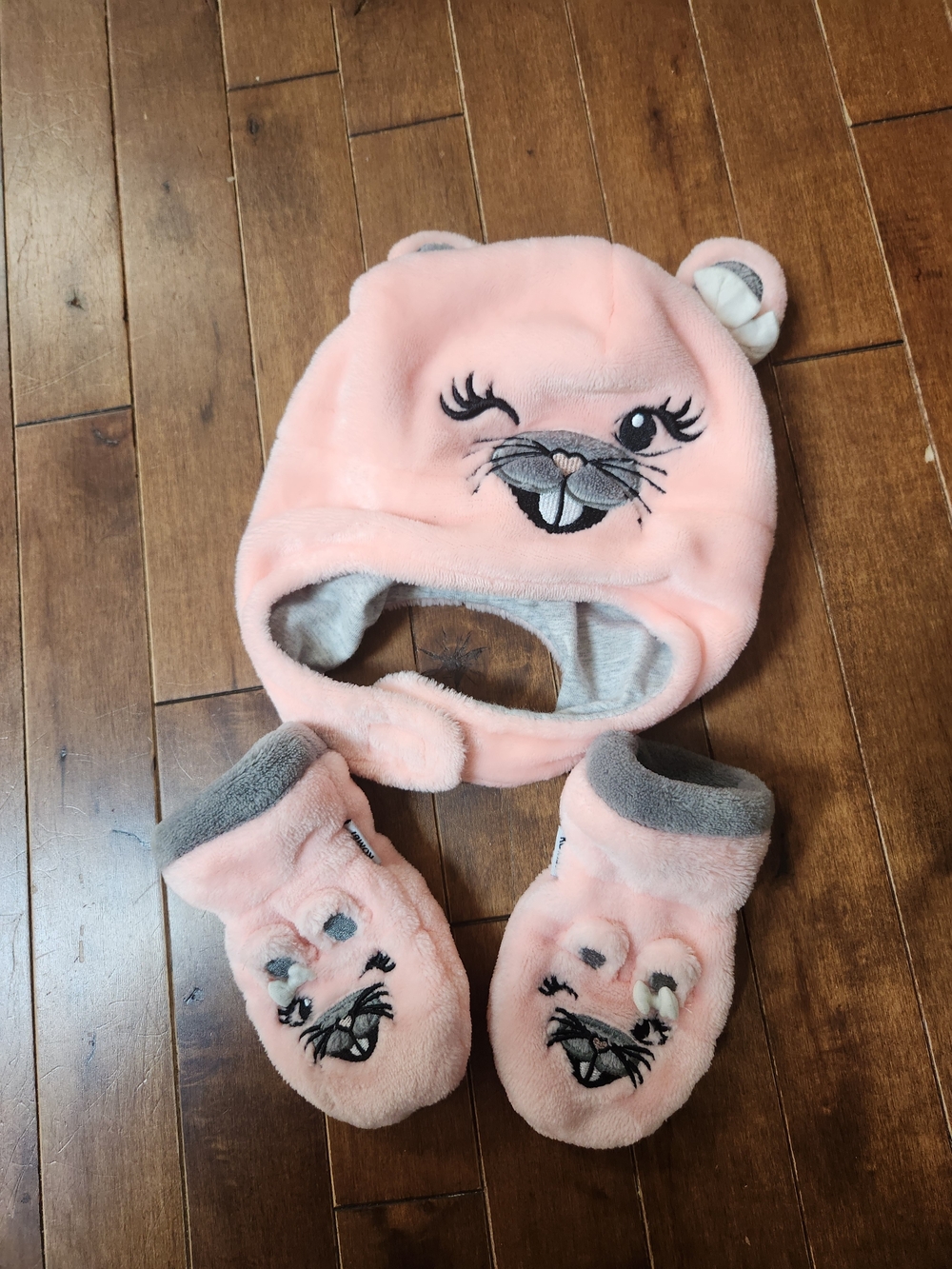 Kombi Infant Set - Pink Plush Animal Ear Hat with Matching Mittens 12-24 monthd